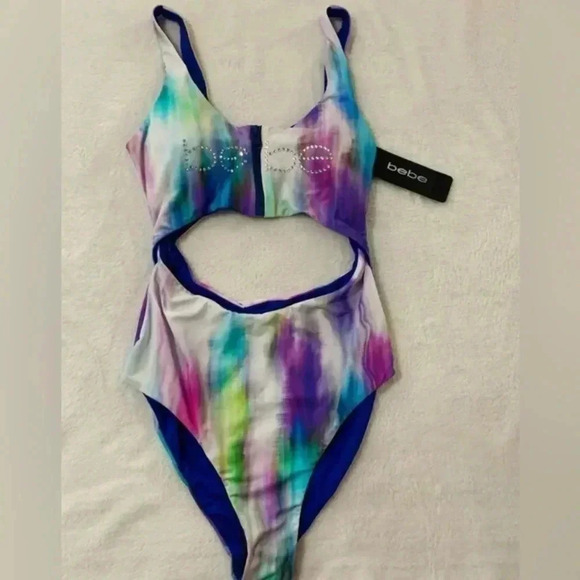 Bebe  One Piece Swim Monokini Bathing Suit Zip Rhinestones Crystals Tie Dye S - Picture 2 of 7